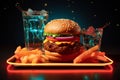 Vibrant neon burger and soda cup in message frame evoke mouthwatering cravings.