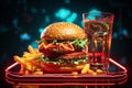 Vibrant neon burger and soda cup in message frame evoke mouthwatering cravings.