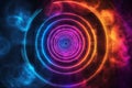 Vibrant neon circle patterns in a hypnotic vortex design on a dark backdrop