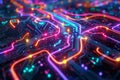 A vibrant neon circuit maze pulsing with energy,