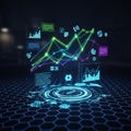 Vibrant neon colored charts and graphs projected above a hexagonal Royalty Free Stock Photo