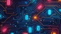 Vibrant neon digital circuit pattern in pixel art style, featuring repeating designs and bright colors