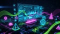 Neon Digital Interface with Geometric Shapes, Graphs, and Data Streams technology glowing Royalty Free Stock Photo