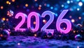 Vibrant 2026 neon display with festive lights and ornaments in winter setting Royalty Free Stock Photo