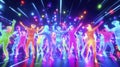 Vibrant neon figures in virtual reality dance party with colorful lights Royalty Free Stock Photo