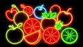 Vibrant neon fruit collection glows against a black background Royalty Free Stock Photo