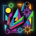Vibrant neon geometric shapes and stars on dark space background Royalty Free Stock Photo
