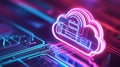 A vibrant neon icon showcasing serverless computing, featuring developers deploying apps with AI on a digital circuit board