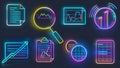 Vibrant neon icons of data analysis tools, such as a magnifying glass, bar graph, and grid paper