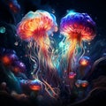 Vibrant neon jellyfish art, colorful aquatic life, dark abstract background Royalty Free Stock Photo