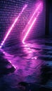 Vibrant neon light rays on a brick wall with reflections on wet asphalt in a cyberpunk setting Royalty Free Stock Photo