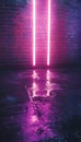 Vibrant neon light rays on a brick wall with reflections on wet asphalt in a cyberpunk setting Royalty Free Stock Photo