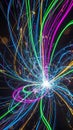 Vibrant neon light trails exploding outwards from a bright white center against a dark background creating a dynamic abstract Royalty Free Stock Photo