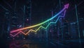 Vibrant Neon Line Graph Showing Growth and Progress in a Futuristic Digital Cityscape Background, Abstract Data Visualization Royalty Free Stock Photo