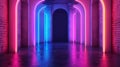 Vibrant neon-lit archways in a brick corridor, blending modern lighting with classic architecture. Royalty Free Stock Photo