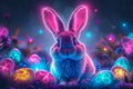 a vibrant neon-lit illustration featuring a cute bunny and colorful eggs