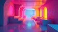 Vibrant neon-lit interior with architectural arches and reflective floor, featuring abstract geometric platforms. Generative AI Royalty Free Stock Photo