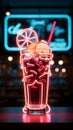 Vibrant neon milkshake icon radiates, embodying classic delight in contemporary cafes.