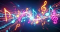 Vibrant neon musical notes dancing in a dynamic abstract light show explosion Royalty Free Stock Photo
