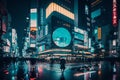 Vibrant Neon Night Scene of Shibuya Crossing in Tokyo, Generative Ai