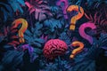Vibrant neon question marks encircle computer generated human brain illustration Royalty Free Stock Photo