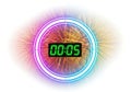 Vibrant neon ring illuminates digital timer displaying five seconds countdown Royalty Free Stock Photo