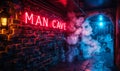 Vibrant neon sign spelling MAN CAVE on a brick wall backdrop enveloped in a mystical blue and red smoke, symbolizing a Royalty Free Stock Photo