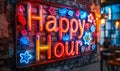 Vibrant neon sign with the words Happy Hour and colorful symbols, lighting up a brick wall, inviting to discounted leisure Royalty Free Stock Photo