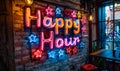 Vibrant neon sign with the words Happy Hour and colorful symbols, lighting up a brick wall, inviting to discounted leisure Royalty Free Stock Photo