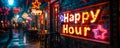 Vibrant neon sign with the words Happy Hour and colorful symbols, lighting up a brick wall, inviting to discounted leisure Royalty Free Stock Photo