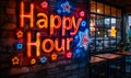 Vibrant neon sign with the words Happy Hour and colorful symbols, lighting up a brick wall, inviting to discounted leisure Royalty Free Stock Photo