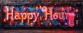 Vibrant neon sign with the words Happy Hour and colorful symbols, lighting up a brick wall, inviting to discounted leisure Royalty Free Stock Photo