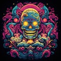 A vibrant neon toxic totem with a retro-inspired shirt design that combines fluorescent colors, swirling patterns by AI generated