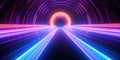 Vibrant neon tunnel, bathed in a kaleidoscopic fusion of blue and pink lights. AI generative