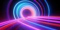 Vibrant neon tunnel, bathed in a kaleidoscopic fusion of blue and pink lights. AI generative