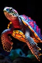 Vibrant neon turtle gliding gracefully across the ocean floor against a dark vertical backdrop