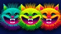 Vibrant neon watercolor background with playful geometric forms and many smiling colorful cats Royalty Free Stock Photo