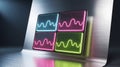 Vibrant Neon Waveform Visualization: Dynamic Digital Data Represented in a 2x2 Grid on a Sleek Brushed Metal Panel Royalty Free Stock Photo