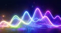 Vibrant Neon Waves on a Dark Background, Abstract Digital Landscape Representing Data Visualization, Sound Frequencies, and Royalty Free Stock Photo
