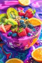 A vibrant neonglowing acai bowl with each fruit and topping detailed and colorful