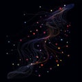 Vibrant network flow with colorful nodes and interconnected lines on black background