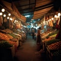 A vibrant night market scene with fresh fruits and vegetables, illuminated by warm lights, Ai-Generated Images