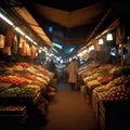 A vibrant night market scene with fresh fruits and vegetables, illuminated by warm lights, Ai-Generated Images