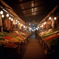 A vibrant night market scene with fresh fruits and vegetables, illuminated by warm lights, Ai-Generated Images