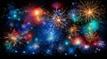 Vibrant night sky with dazzling fireworks. Festive spectacle of light and color in the evening sky