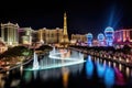 Vibrant Night View of the Illuminated Las Vegas Strip, View of the Bellagio Fountains and The Strip in Las Vegas, AI Generated