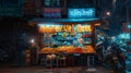 Vibrant nightlife photorealistic image of gritty street vendor under neon lights in mumbai, india