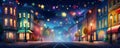 Vibrant Nighttime City Street with Festive Carnival Decorations. Concept Night Photography, Cityscape, Carnival Lights, Festive