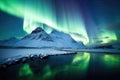 vibrant northern lights arching over a snow-capped peak