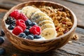 A vibrant and nutritious bowl of superfoods, featuring fresh berries, banana, granola, chia seeds, and yogurt. Generative AI